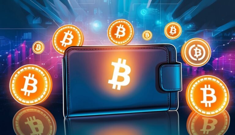 Bitcoin wallet with glowing Bitcoin coins and digital background