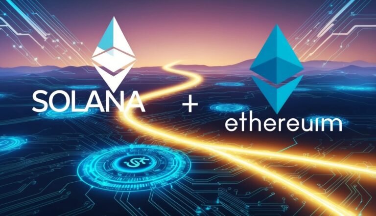 Solana and Ethereum logos connected by a glowing path on circuit board