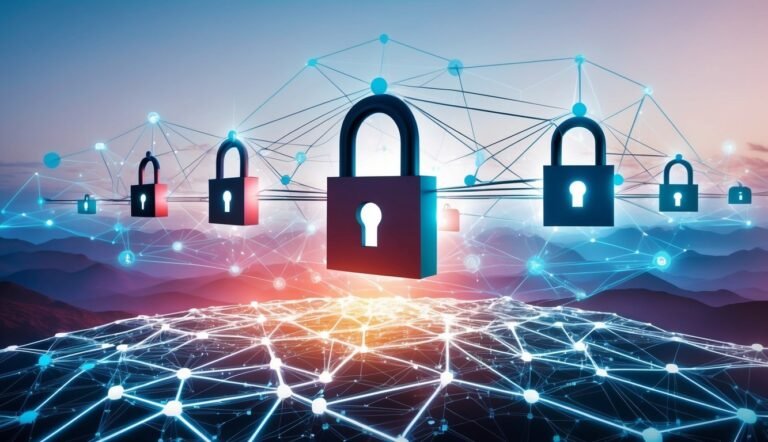 Digital security concept: padlocks connected by network lines over a landscape