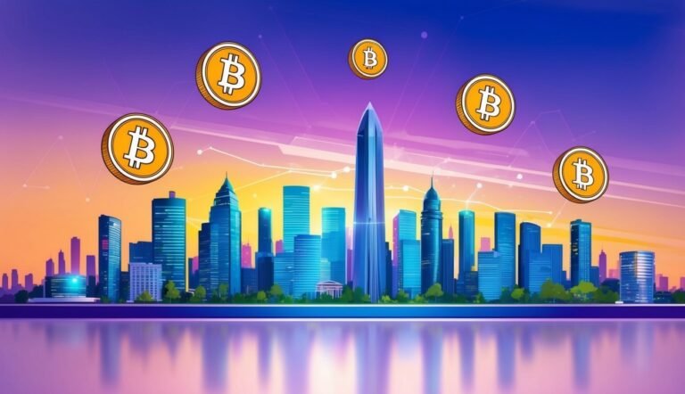 Bitcoin coins floating above a cityscape with a colorful sky