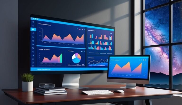 Two computer monitors displaying data charts on a desk, window with night sky