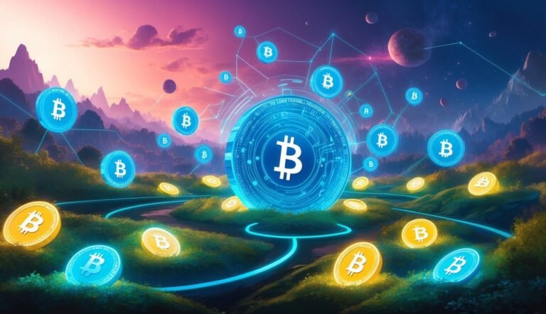 Bitcoin coins and network illustration in a fantasy landscape with mountains and planets