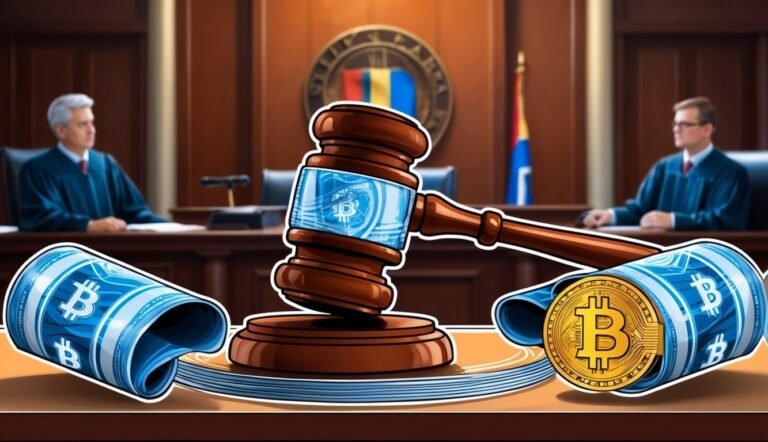 Bitcoin, gavel, and judges in a courtroom setting, symbolizing crypto law