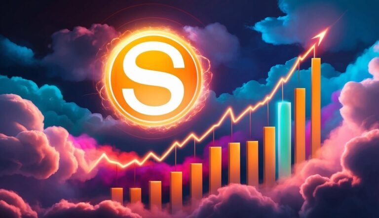 Glowing "S" symbol above a rising bar graph in a cloudy sky