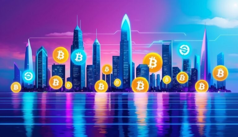 Bitcoin symbols float above a futuristic cityscape with neon reflections
