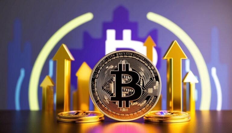 Bitcoin coin with upward arrows, symbolizing growth and financial success
