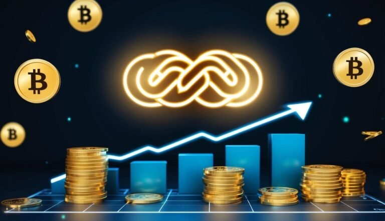 Bitcoin coins, graph with upward arrow, and glowing infinity symbol