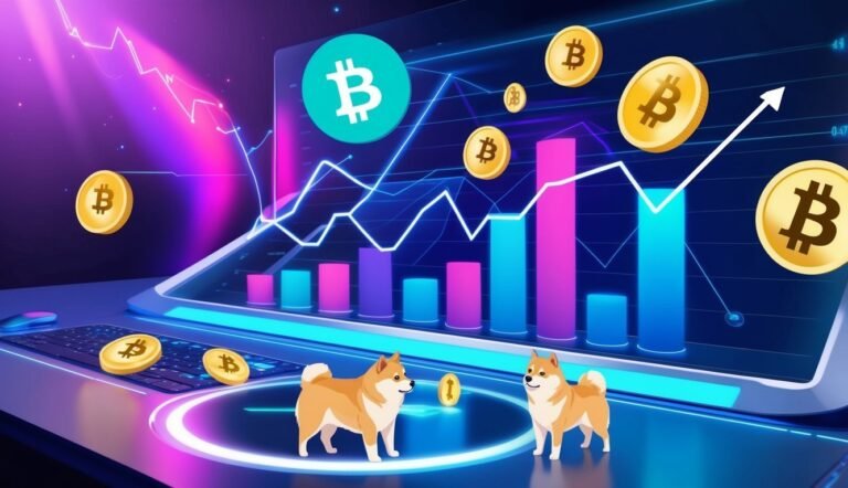 Bitcoin chart with Shiba Inu dogs, coins, and rising arrow