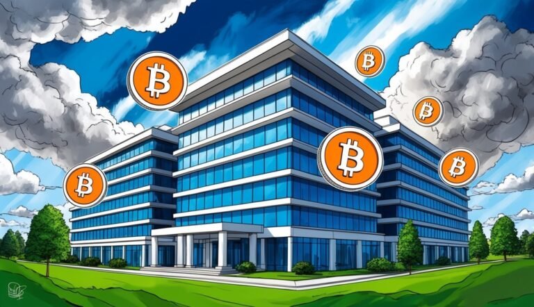 Modern office building with Bitcoin symbols floating in the sky
