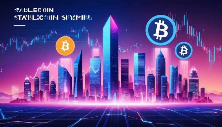 Bitcoin symbols over a futuristic city skyline with trading charts