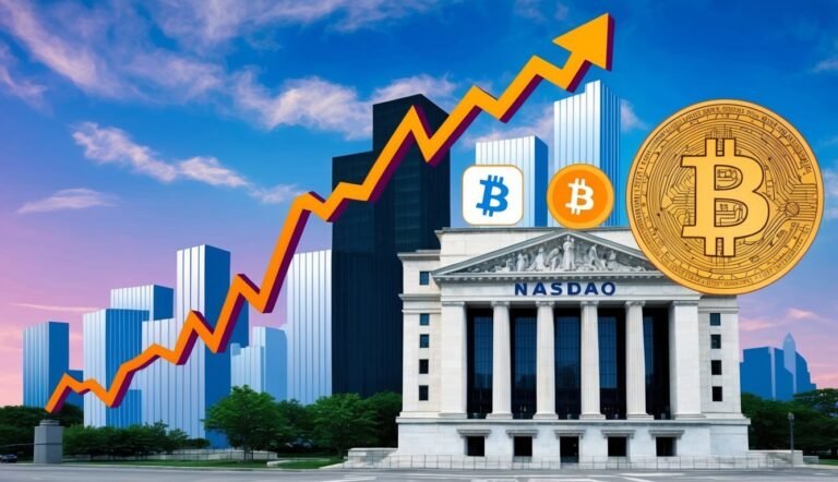 Bitcoin, NASDAQ building, and rising graph, symbolizing financial growth