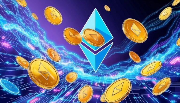 Ethereum logo and coins floating over a circuit board background