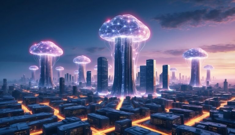 Futuristic city with glowing cloud-like structures connected to skyscrapers