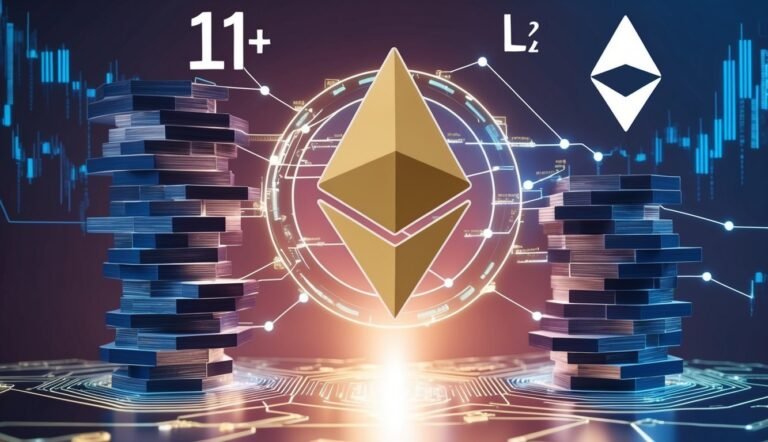 Ethereum logo with stacks of blocks, circuit board, and stock charts
