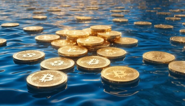 Bitcoin coins floating on blue water, representing cryptocurrency