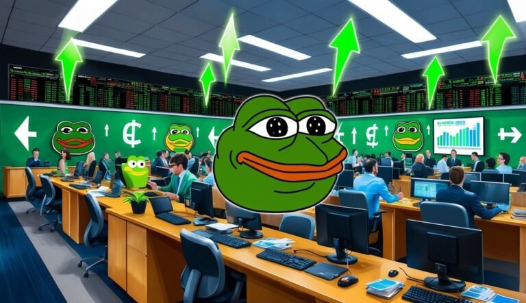 Pepe the frog in a stock trading room with rising arrows