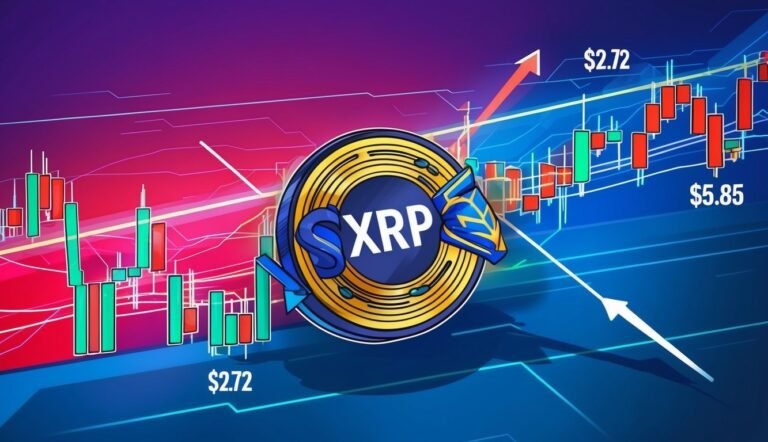 XRP cryptocurrency logo with stock market graphs and price fluctuations