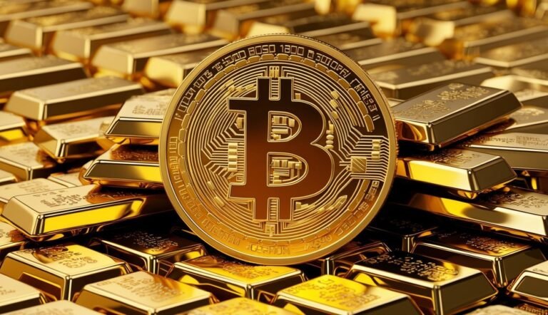 Bitcoin coin standing on a pile of gold bars