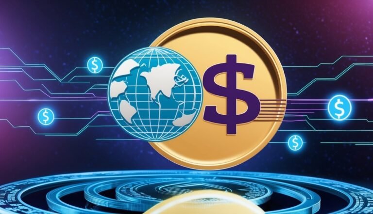 Globe, dollar sign coin, and digital circuit lines, representing global finance