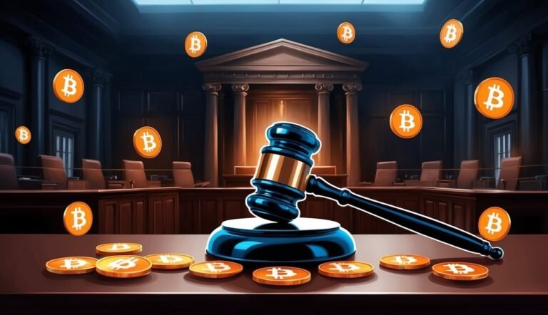 Gavel and Bitcoin coins in a courtroom setting, symbolizing crypto law