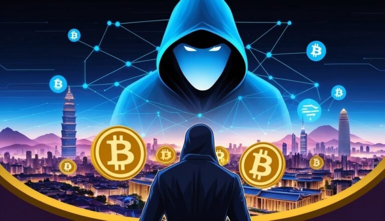 Hacker overlooking city with Bitcoin symbols, network, and hooded figure