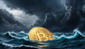 Bitcoin coin in stormy ocean, under dark, ominous clouds