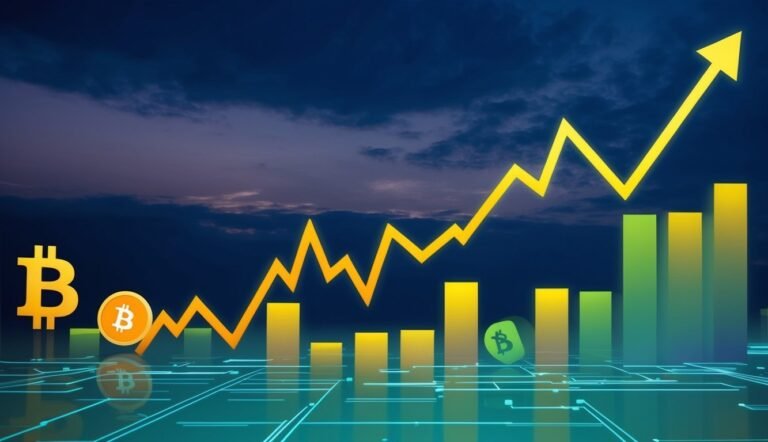 Bitcoin price chart with upward trend, bar graph, and Bitcoin symbols