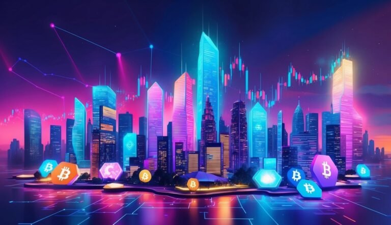 Neon cityscape with cryptocurrency symbols and stock market graphs