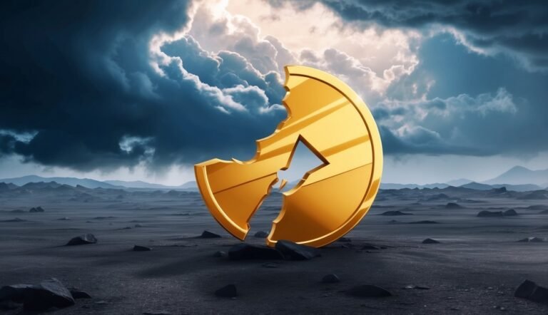 Broken golden coin with arrow symbol on a desolate landscape under stormy skies