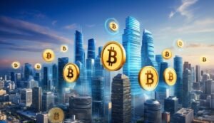 Bitcoin coins floating above a cityscape of modern skyscrapers