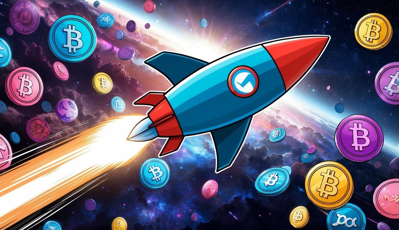 Rocket ship blasting off with Bitcoin coins in space