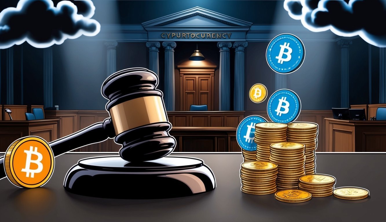 Gavel, Bitcoin coins, and courtroom setting, symbolizing cryptocurrency regulation