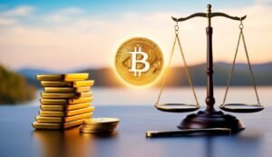 Bitcoin, gold bars, and scales of justice against a sunset background