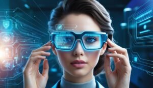 Woman wearing futuristic glasses with glowing blue data display