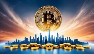 Large Bitcoin coin over city skyline with gold coins
