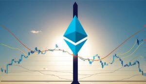 Ethereum logo over a stock chart with rising and falling lines