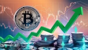 Bitcoin coin with green arrow rising, stacks of coins, and stock chart background