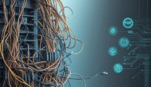 Server rack with tangled cables and digital circuit board icons