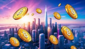 Bitcoin coins floating above a modern cityscape with tall skyscrapers